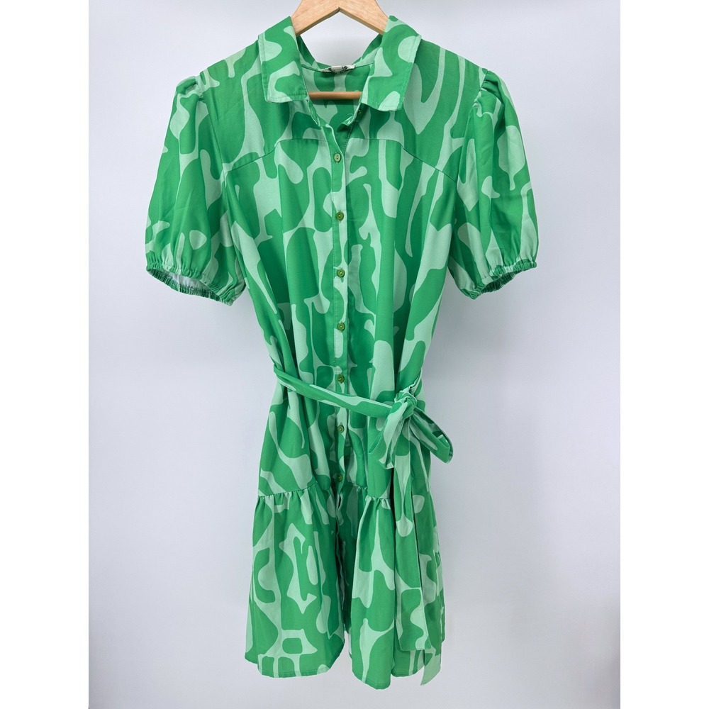 Umgee Womens Abstract Print Belted Green‎ Color Shirt Dress  Puff sleeves Large